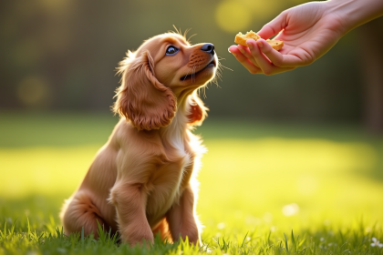 Chiot cocker spaniel assis sur l'herbe en plein soleil