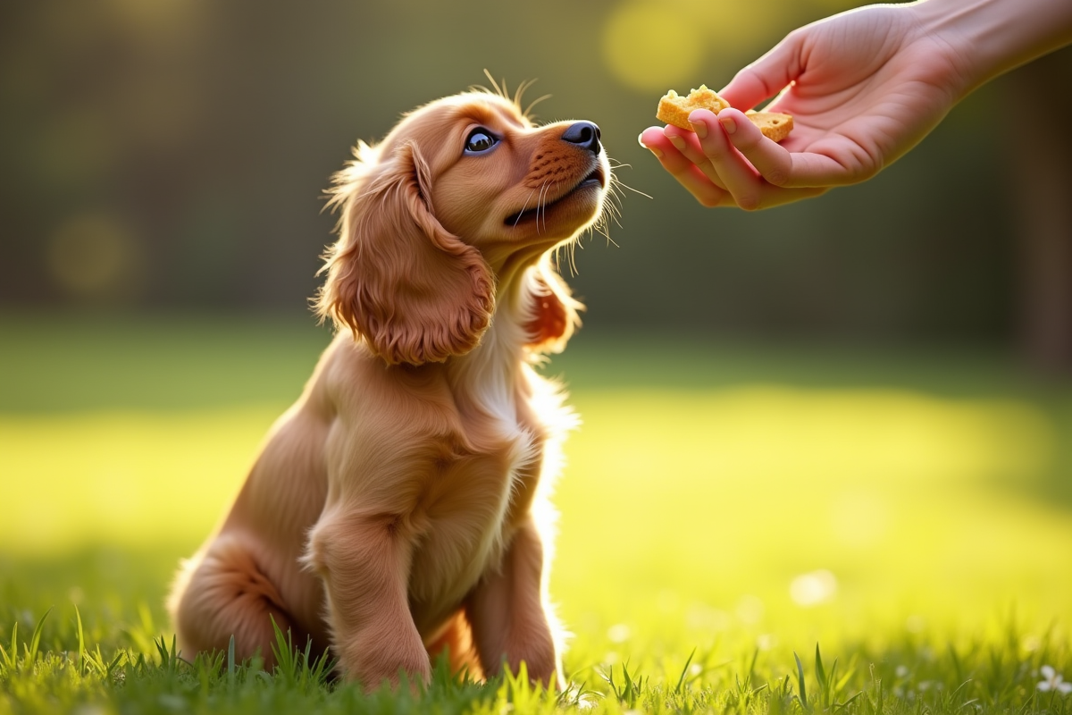 Chiot cocker spaniel assis sur l'herbe en plein soleil