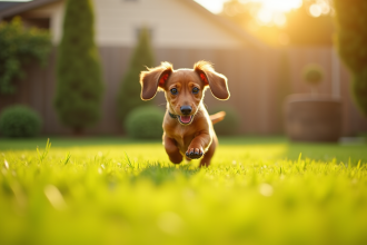 Chiot teckel courant dans un jardin ensoleille