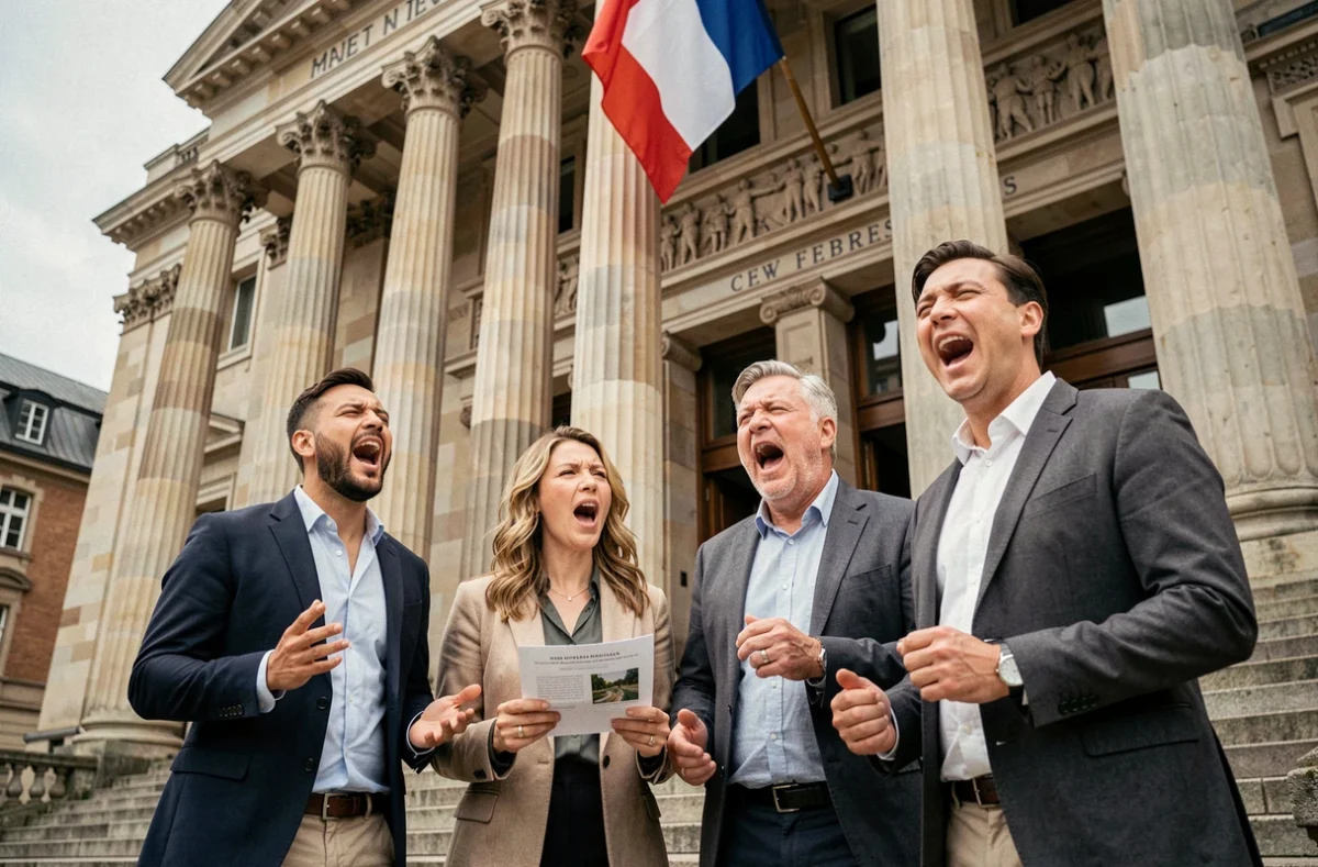 Groupe de citoyens français chantant un chant patriotique sur les marches d'un bâtiment néoclassique à Strasbourg