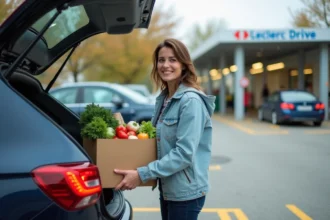 Cliente récupérant ses courses au drive Leclerc Senlis avec des produits frais dans le coffre de sa voiture