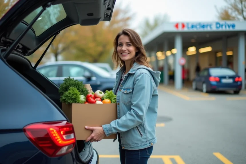Cliente récupérant ses courses au drive Leclerc Senlis avec des produits frais dans le coffre de sa voiture