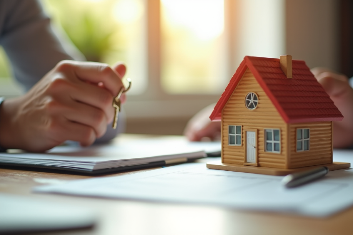 Mains tenant une clé et un modèle de maison avec documents immobiliers