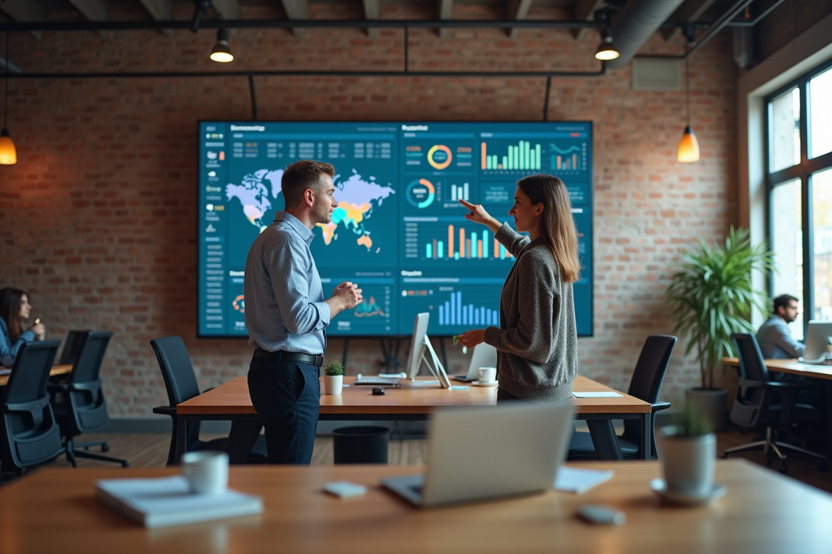 Deux professionnels analysant des infographies dans un espace de coworking