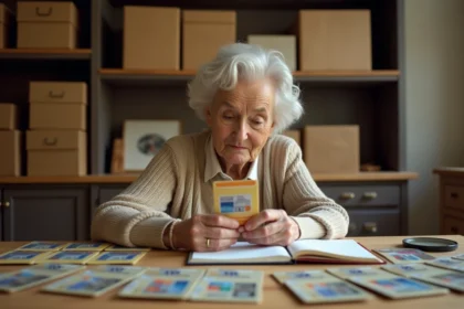 Une femme âgée examine sa collection de télécartes vintage posées sur une table en bois avec un carnet d'inventaire manuscrit
