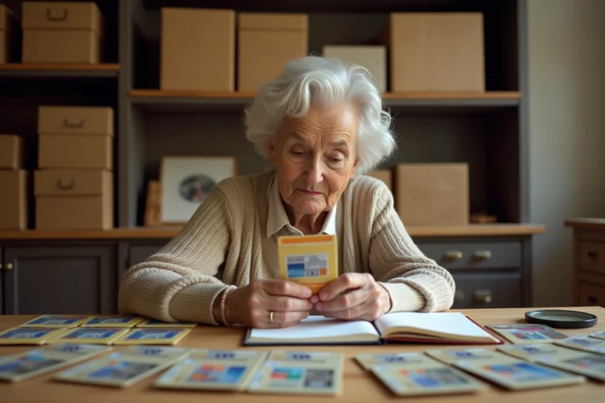 Une femme âgée examine sa collection de télécartes vintage posées sur une table en bois avec un carnet d'inventaire manuscrit