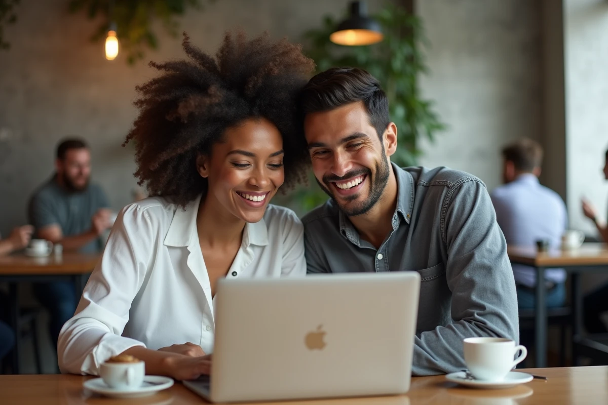 Deux collègues riant d'un malentendu causé par un emoji sur un écran d'ordinateur portable dans un café, illustrant les erreurs fréquentes de communication avec les emojis