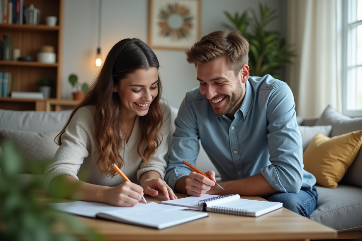 Un jeune homme partage des dépenses avec une colocataire dans le salon