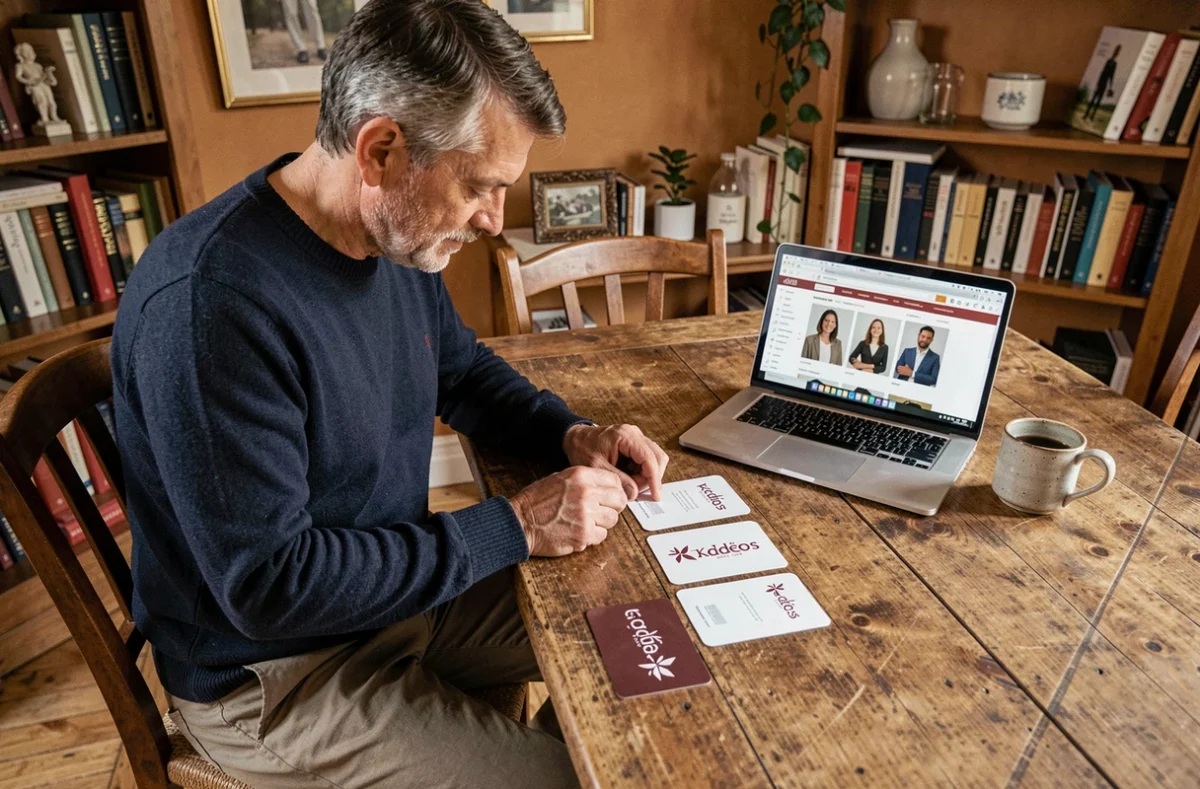 Homme comparant différentes cartes Kadéos Edenred Select Infini et Culture posées sur une table à domicile