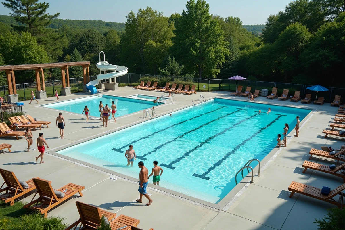 Complexe aquatique collectif extérieur avec bassin de loisirs et couloirs de natation en milieu urbain