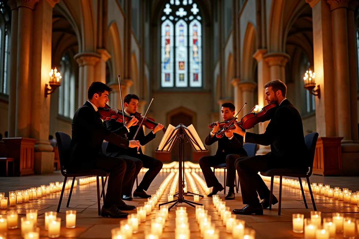 Quatuor à cordes jouant lors d'un concert candlelight dans une chapelle gothique parisienne entourée de bougies votives