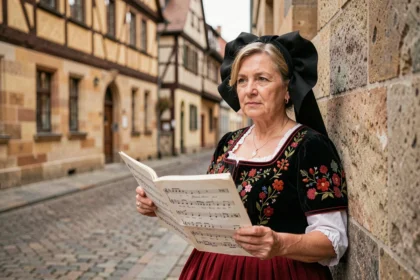 Femme en costume alsacien traditionnel tenant une partition musicale devant une façade à colombages de Strasbourg