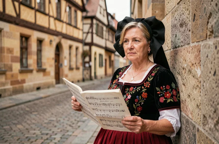 Femme en costume alsacien traditionnel tenant une partition musicale devant une façade à colombages de Strasbourg