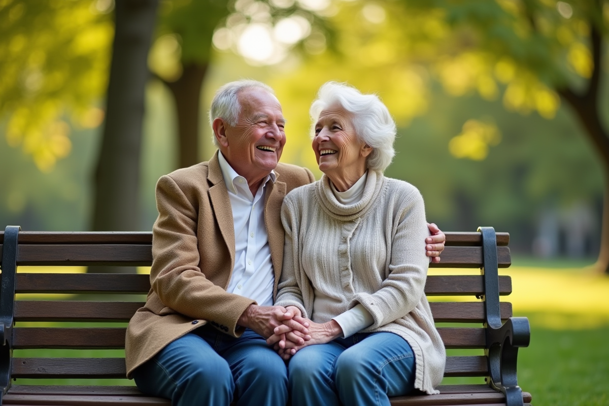 Couple âgé souriant assis sur un banc dans un parc