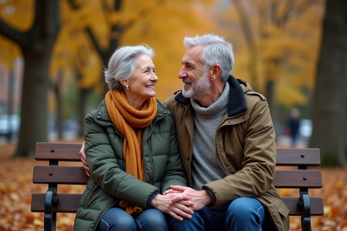 Couple souriant et se tenant la main dans un parc en automne