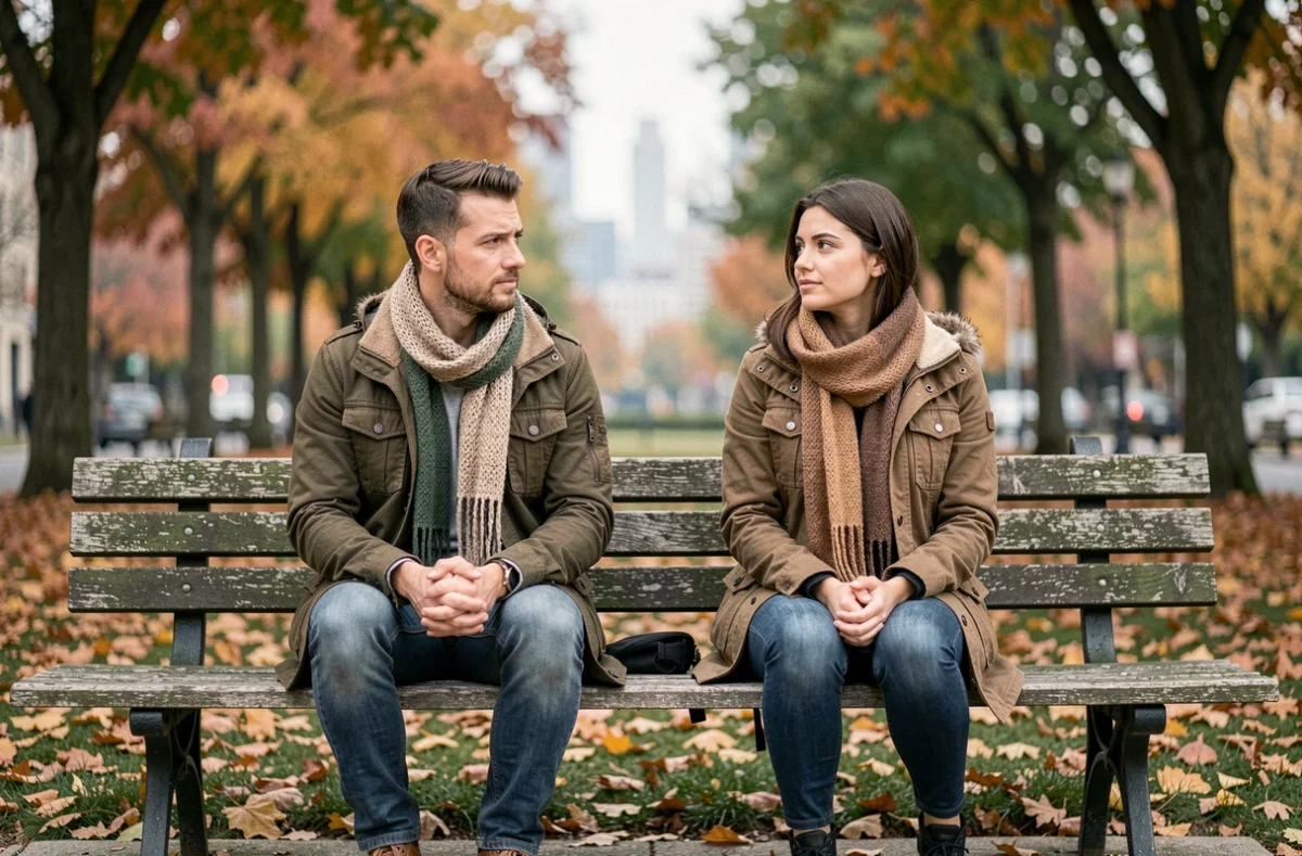 Homme et femme assis séparément sur un banc de parc en automne, symbolisant les malentendus autour des flammes jumelles et de la date de naissance