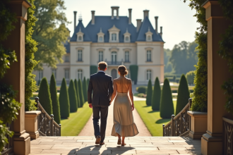 Couple élégant se promenant dans les jardins du château