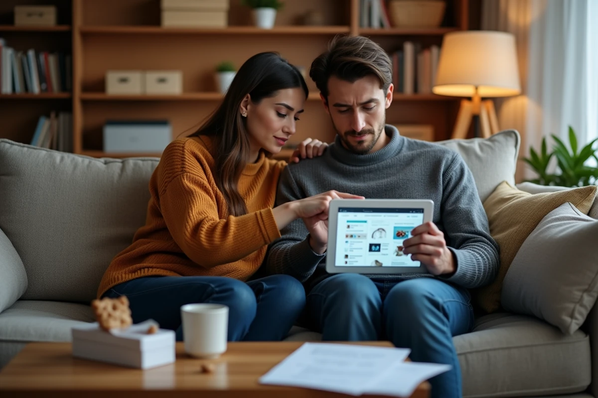 Couple confus comparant des offres du Cyber Monday sur une tablette dans leur salon