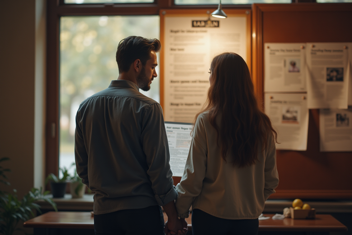 Couple lisant les annonces de mariage à l