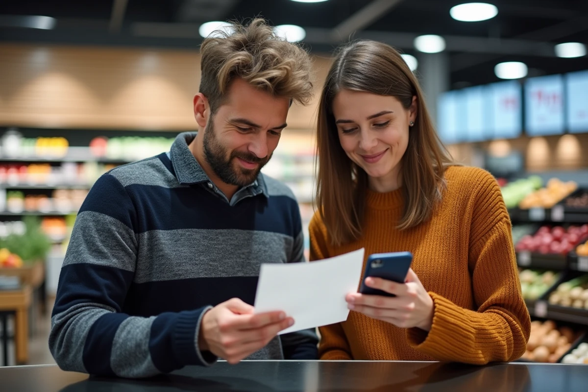 Couple consultant une liste de courses et une application Lidl sur smartphone à la caisse pour optimiser leur budget