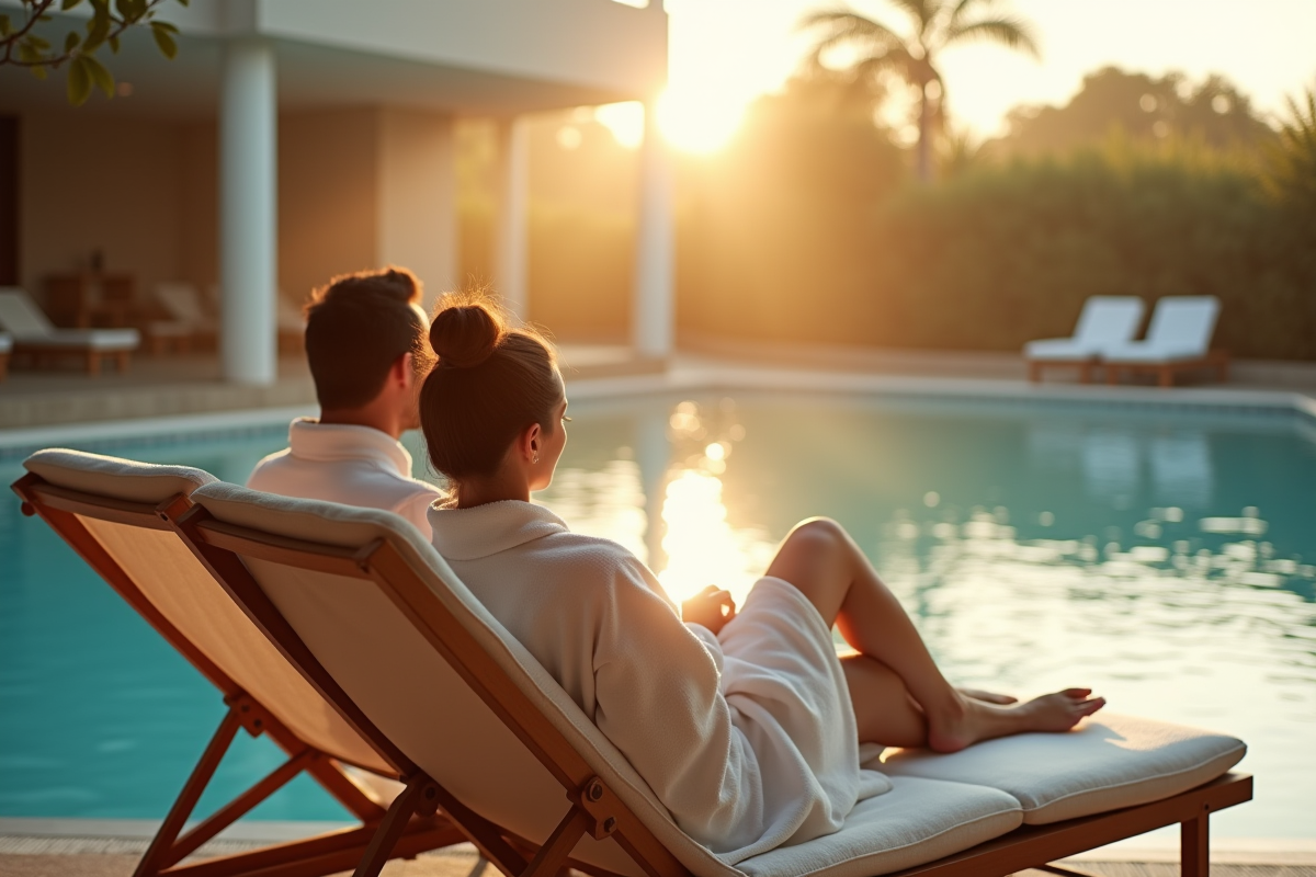 Couple en peignoirs relaxant au bord de la piscine intérieure
