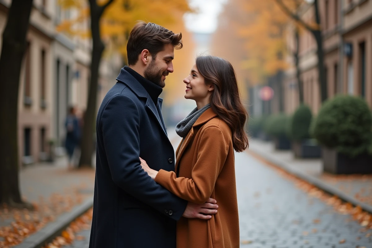 Couple se tenant les mains dans une rue pavée en automne, tournant relationnel et connexion émotionnelle profonde