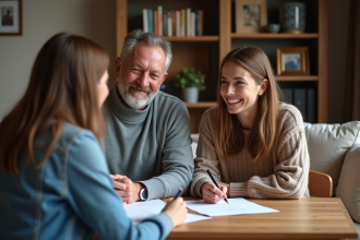 Couple d'adultes signant des documents avec une notaire dans un salon chaleureux
