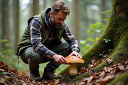 Homme cueillant un boletus dans la forêt matinale