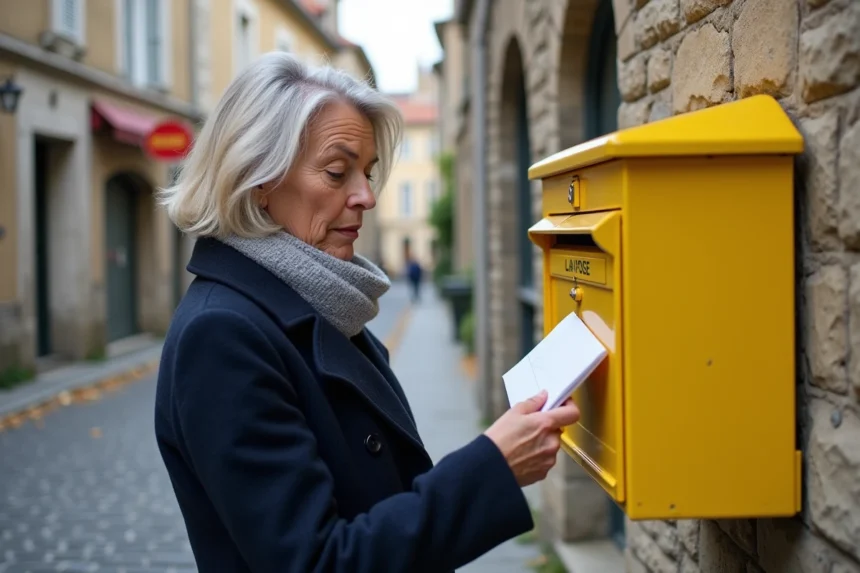 Femme glissant une lettre dans une boîte aux lettres jaune La Poste dans une rue de village français en automne