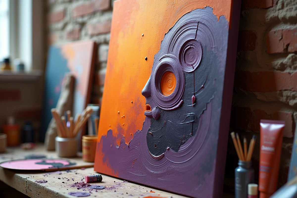 Détail rapproché d'une peinture futuriste acrylique aux textures impasto en orange brûlé et violet profond dans un atelier d'artiste