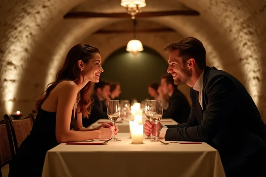 Couple dînant aux chandelles dans une cave voûtée en pierre à Paris, ambiance romantique et intime en 2026