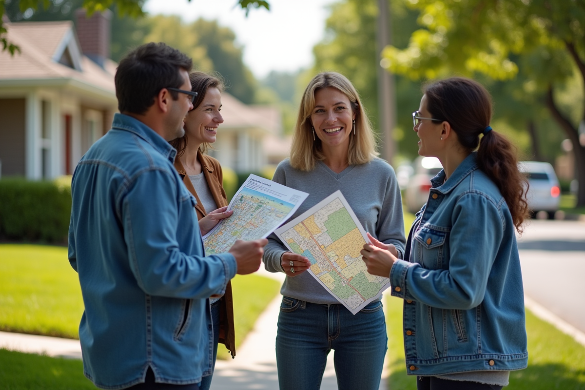 Groupe de voisins discutant sur le trottoir du quartier