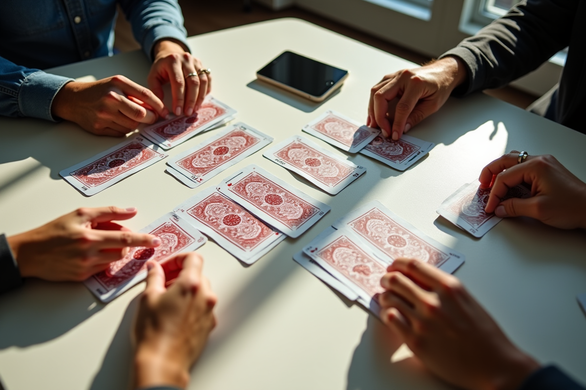 Vue de dessus de mains disposant des cartes sur une table lumineuse