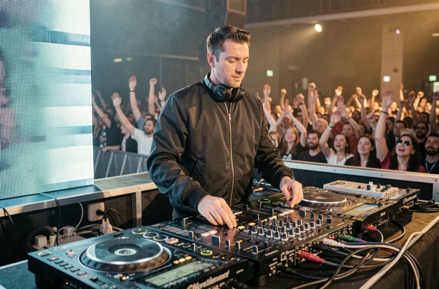 DJ français reconnu derrière ses platines sur scène de club avec foule en arrière-plan