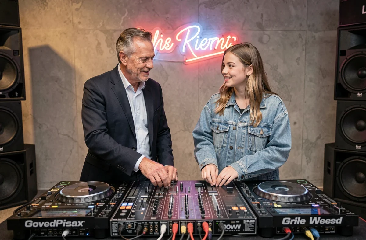 DJ expérimenté et jeune DJ femme côte à côte derrière les platines avant un set en club