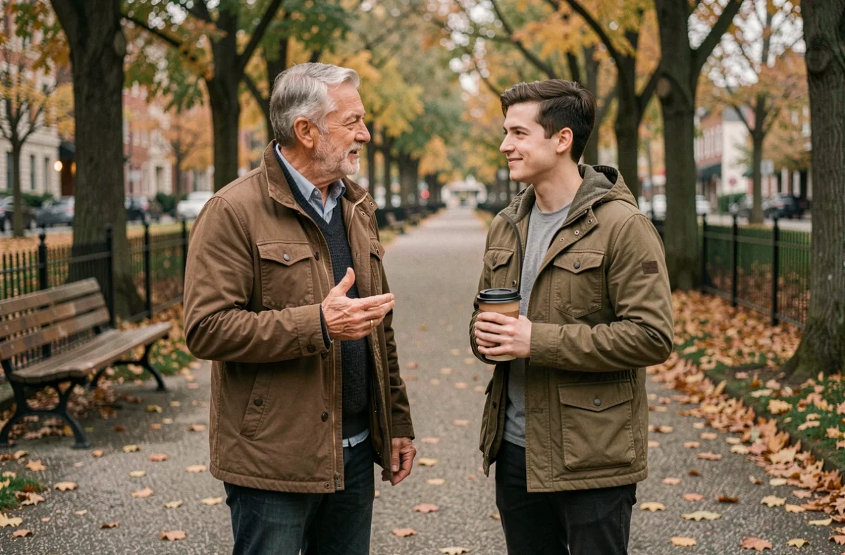 Deux hommes échangeant des mots inspirants dans un parc urbain en automne, illustrant une conversation transformatrice