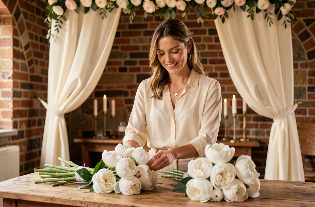 Wedding planner souriante arrangeant des bouquets de pivoines blanches sur une table rustique dans un lieu de réception de charme à Strasbourg