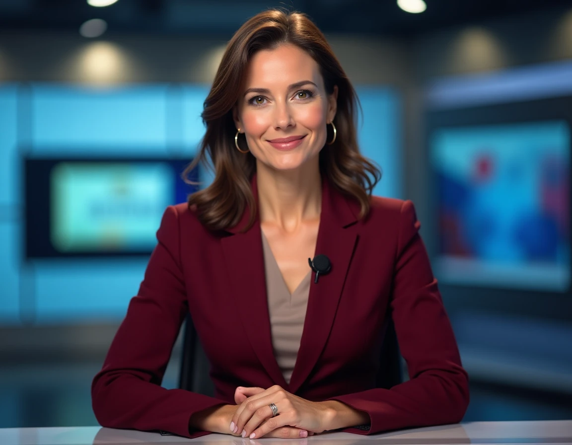 Présentatrice de journal télévisé au bureau d'antenne, studio de télévision professionnel, portrait journalistique