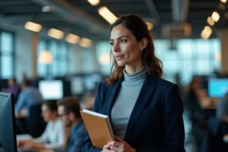 Journaliste Elsa Vidal dans une salle de rédaction, carnet de notes en main, regard concentré sur le terrain médiatique