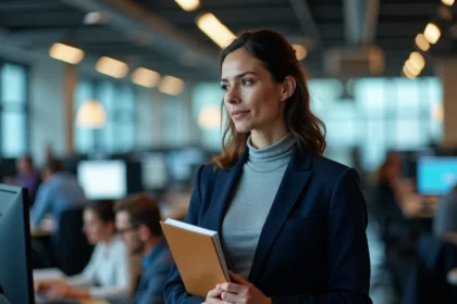Journaliste Elsa Vidal dans une salle de rédaction, carnet de notes en main, regard concentré sur le terrain médiatique