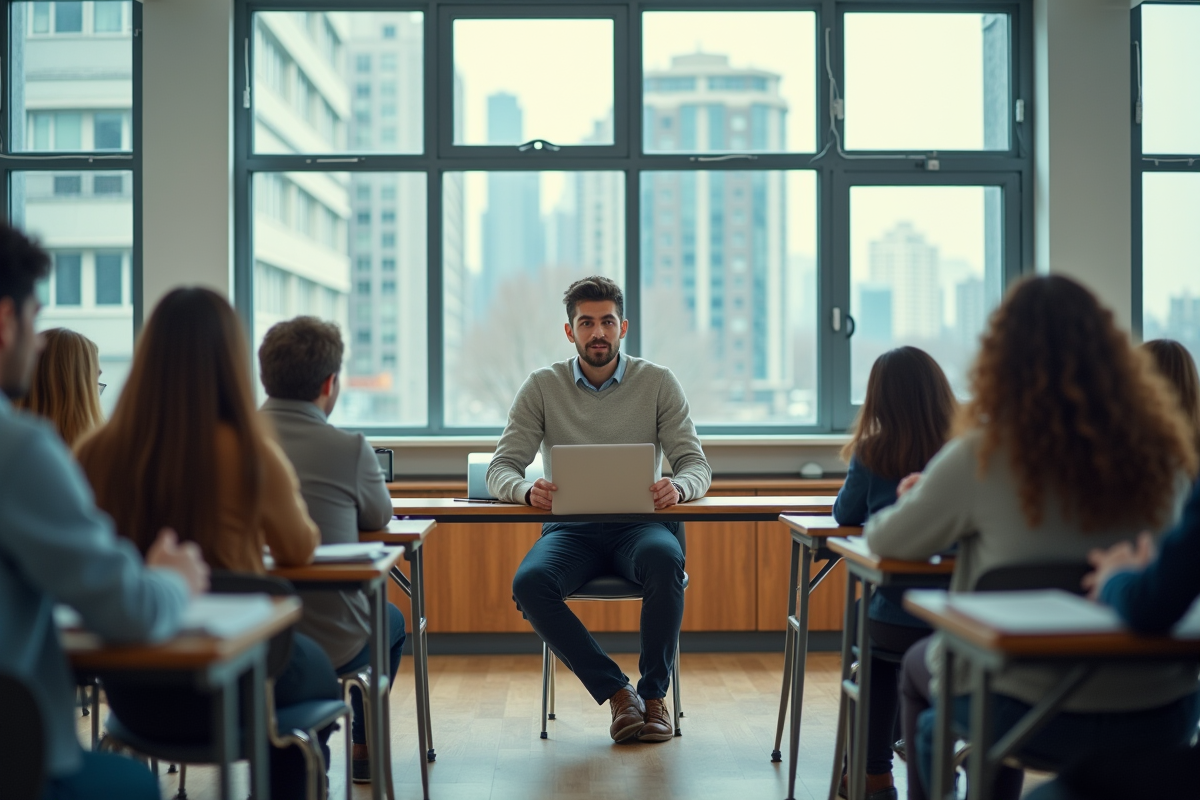 Jeune enseignant en classe moderne avec étudiants attentifs