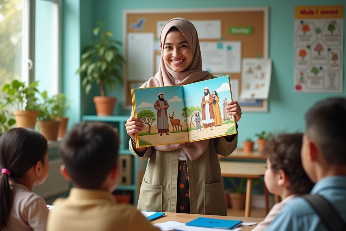 Jeune enseignante montrant un livre aux enfants en classe lumineuse