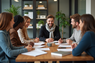 Groupe de collègues divers riant lors d'une réunion de bureau