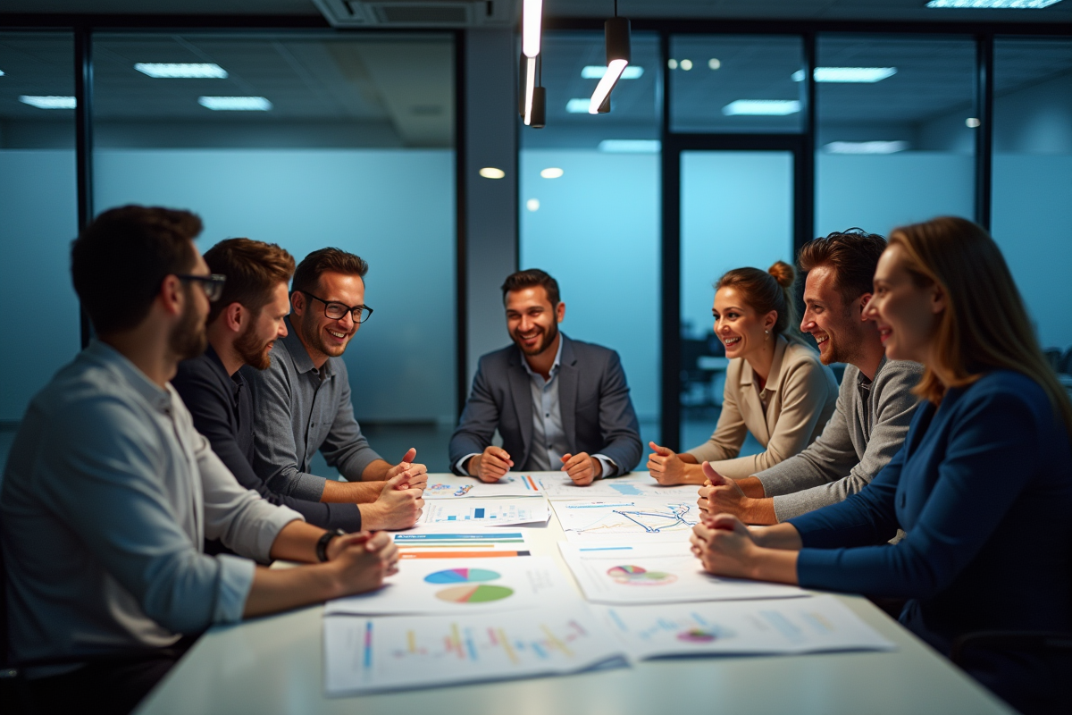 Equipe diverse en réunion autour de rapports et tableaux de bord