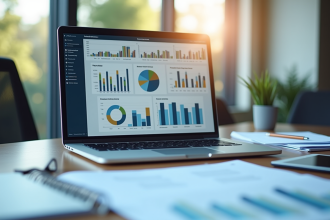 Espace de travail professionnel avec graphiques et documents