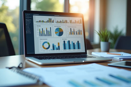 Espace de travail professionnel avec graphiques et documents
