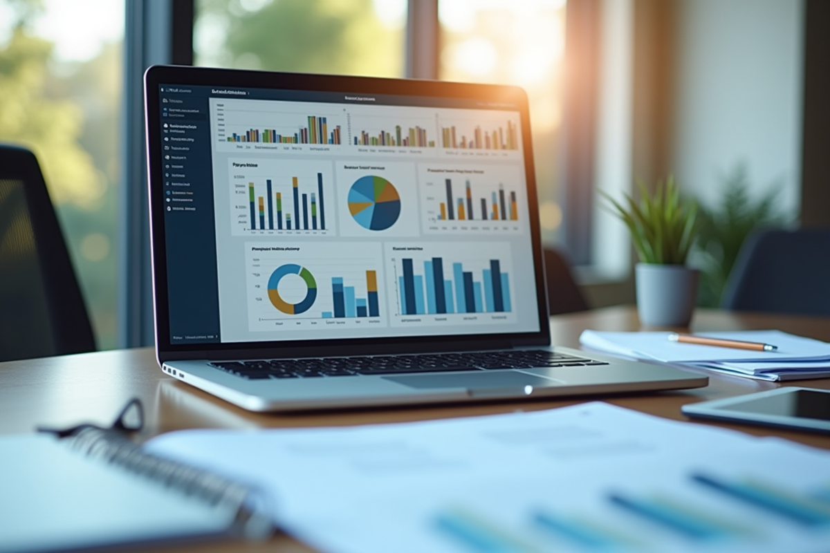 Espace de travail professionnel avec graphiques et documents