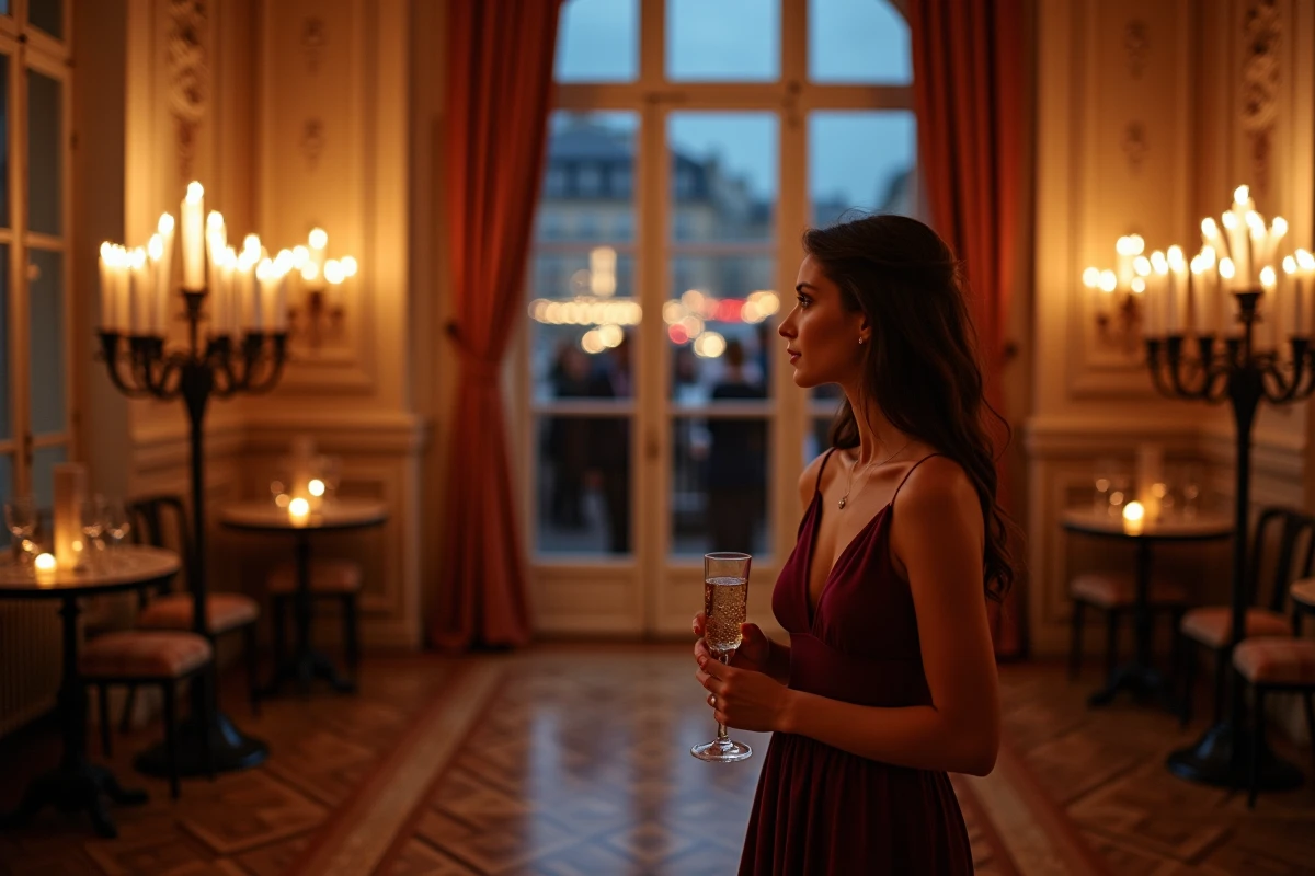 Femme en robe bordeaux tenant une flûte de champagne lors d'un événement candlelight dans un appartement haussmannien parisien