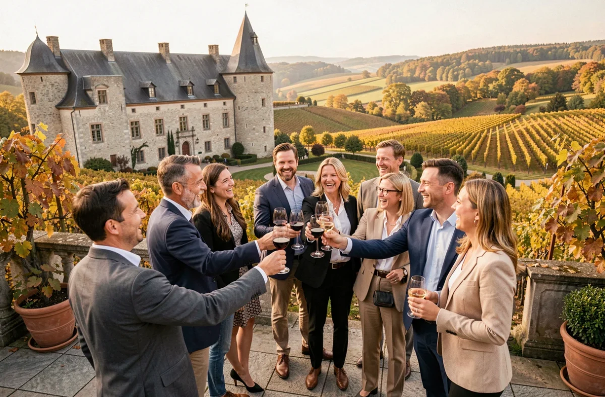 Groupe de professionnels en voyage incentive sur la terrasse d'un château alsacien avec vignobles en arrière-plan, trinquant avec des verres de vin