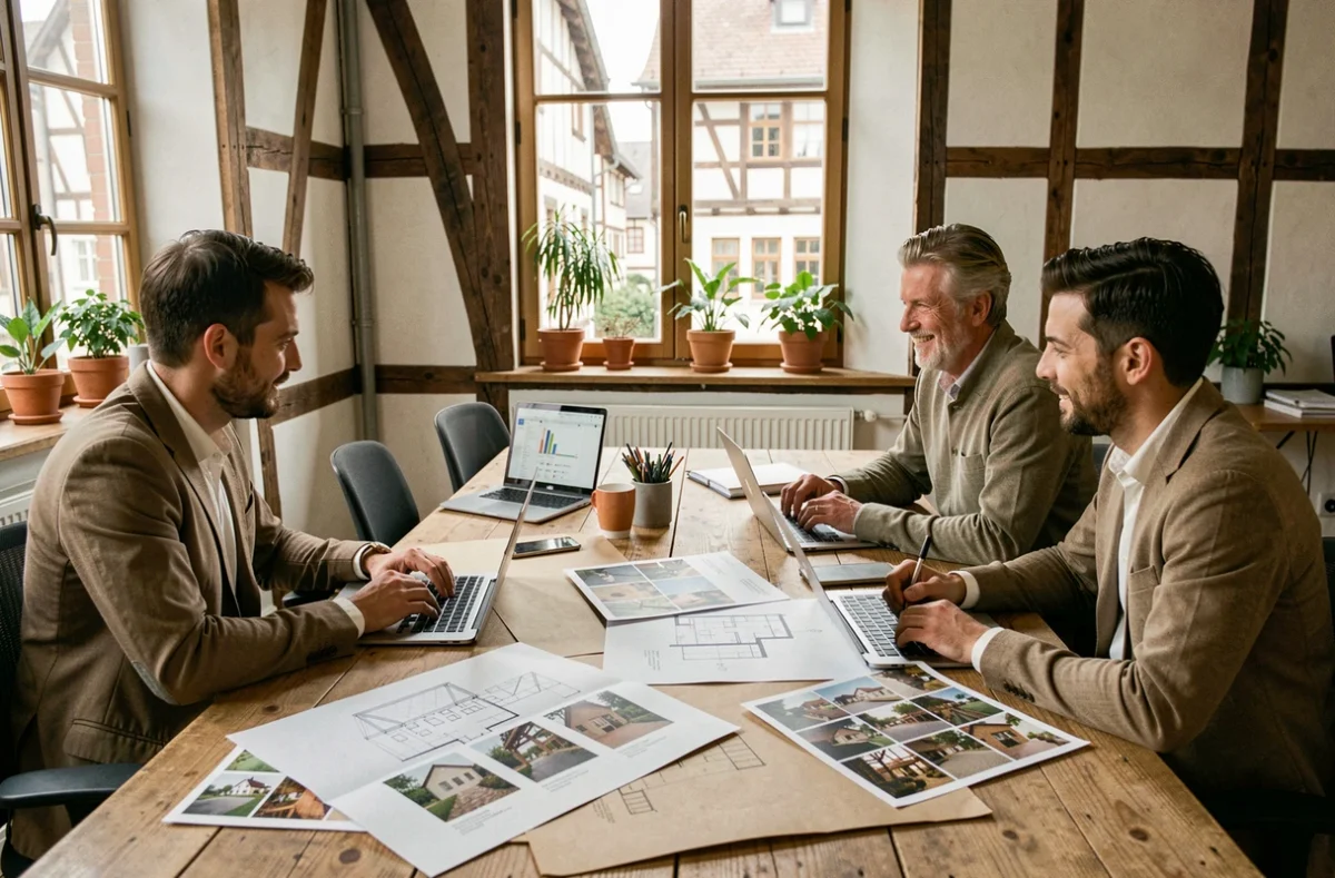 Équipe de planification événementielle en Alsace réunie autour d'une table avec des moodboards et des plans de salle dans un bureau lumineux aux murs à colombages